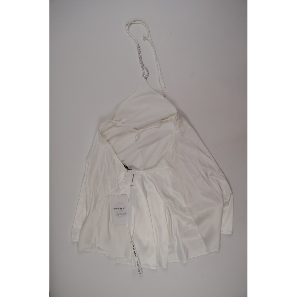 Lucy In The Sky Halter Mini Dress Pearl Chain White Satin M NWT - Picture 2 of 8